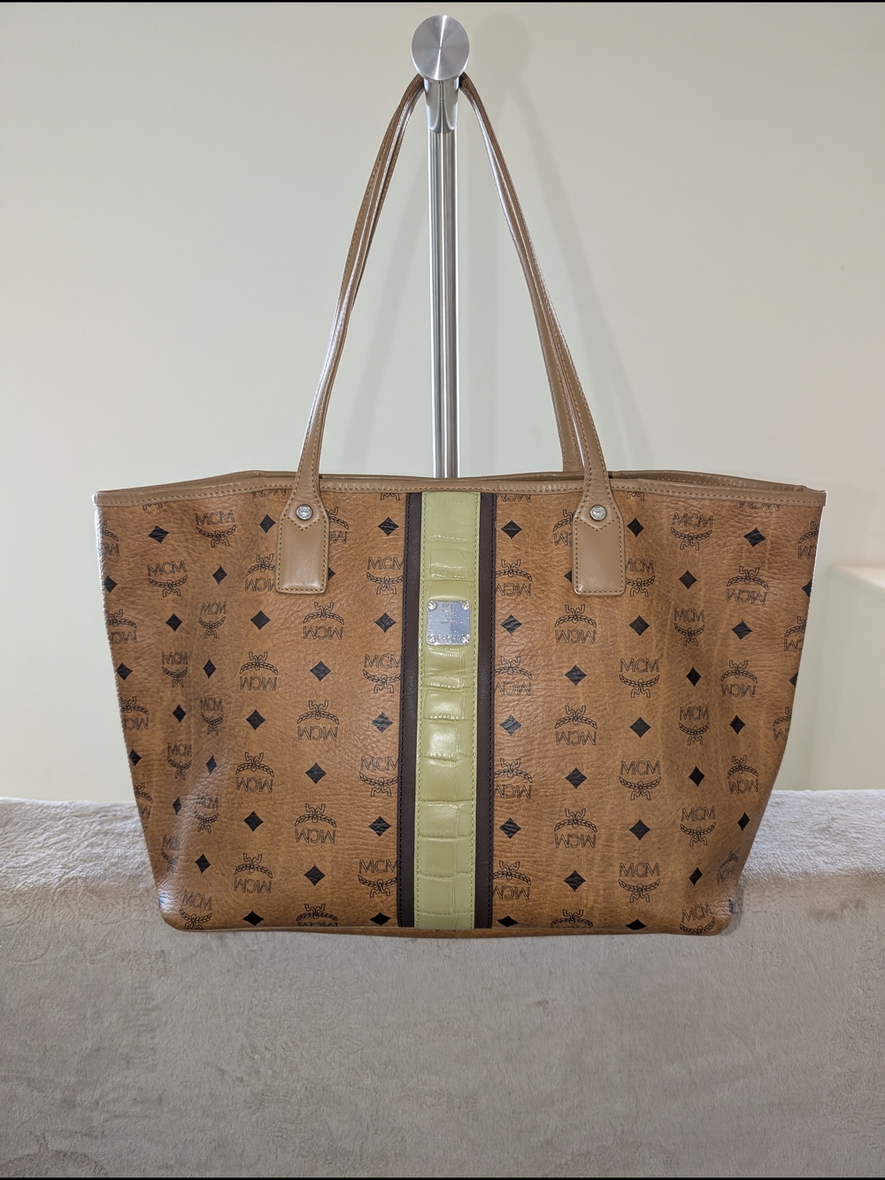 MCM Cognac Logo Open Tote with Olive Green Stripe